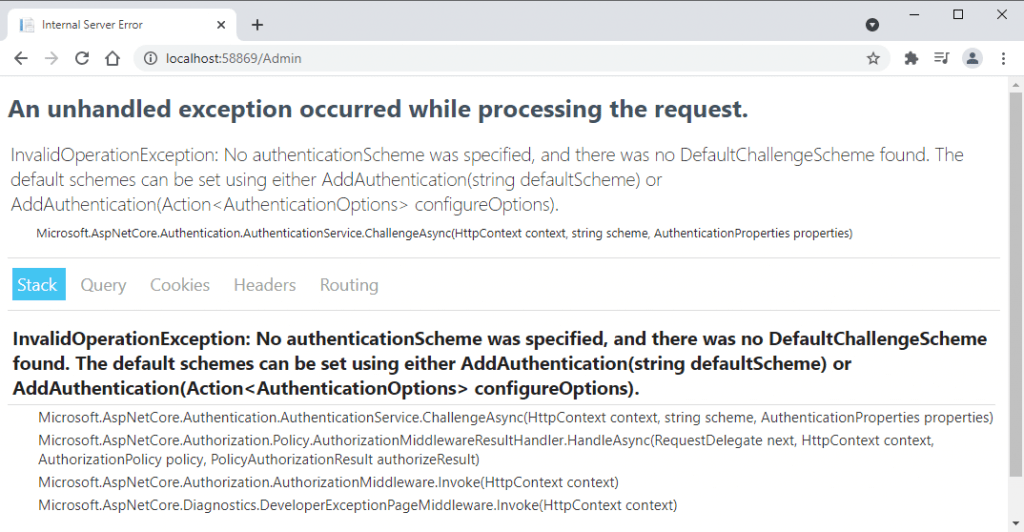 InvalidOperationException as no authentication scheme was specified