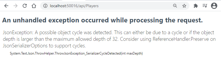 JsonException A possible object cycle was detected