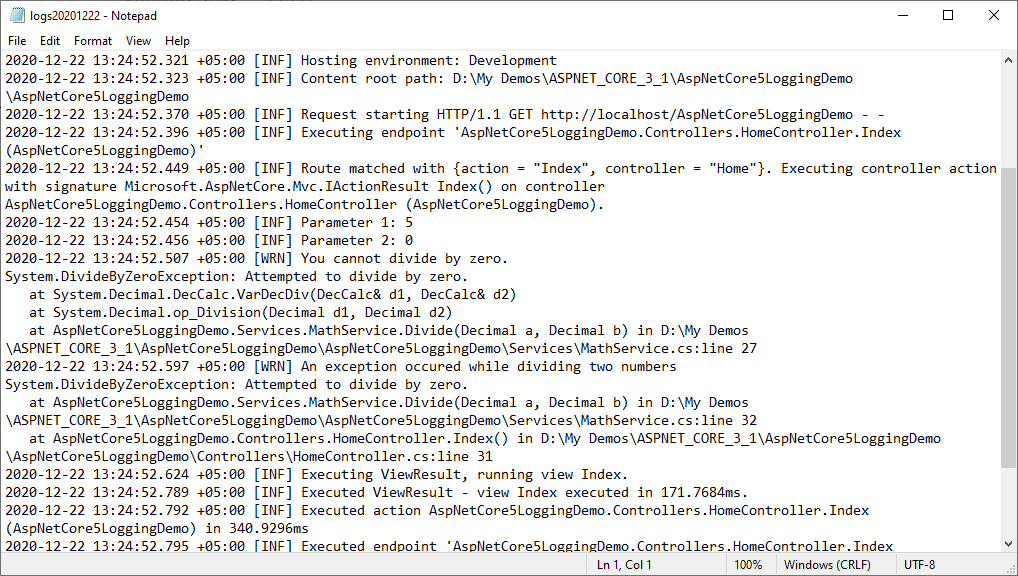 Logging output in file using Serilog File Sink