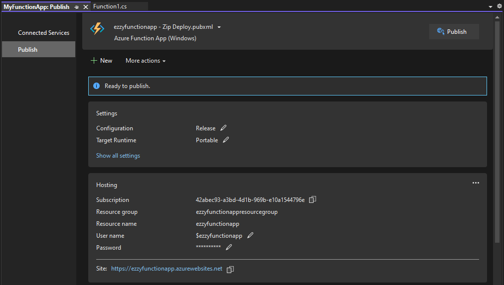 Review Azure Functions App Deployment Settings in Visual Studio 2022