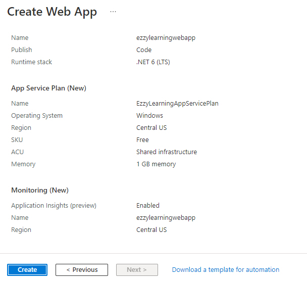 Review and Create App Service in Azure Portal