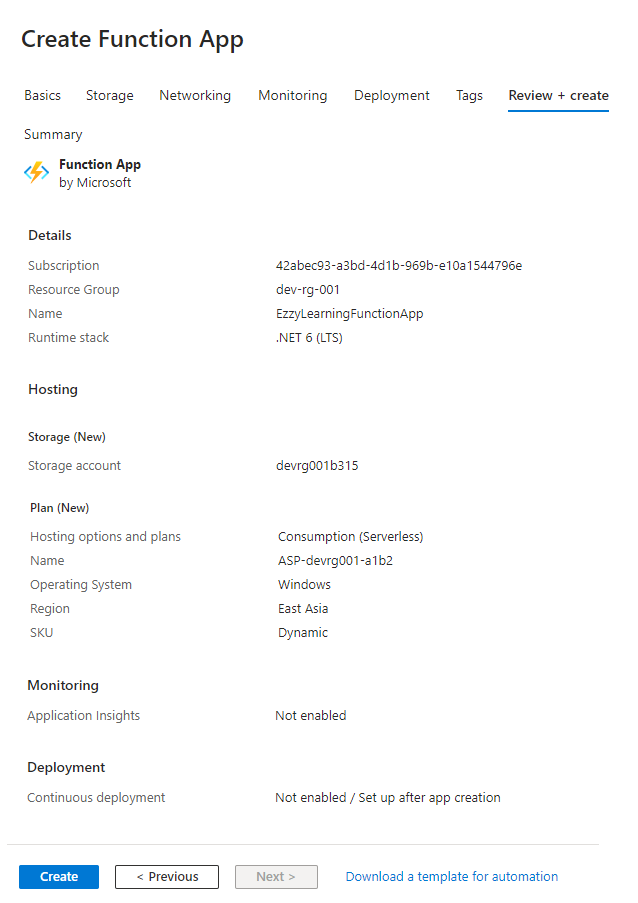 Review and Create Azure Function App
