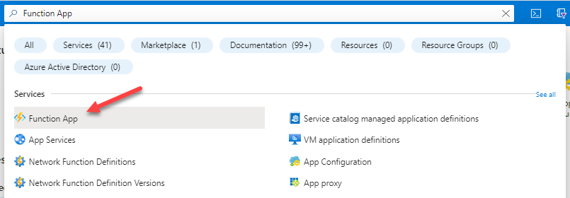 Search Function App in Azure Portal