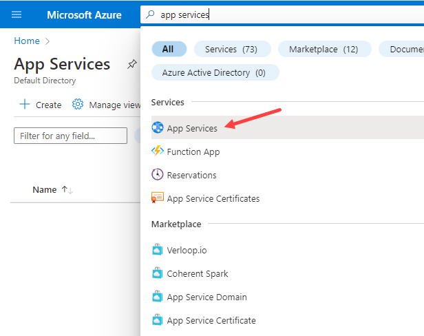 Search for App Services in Azure Portal