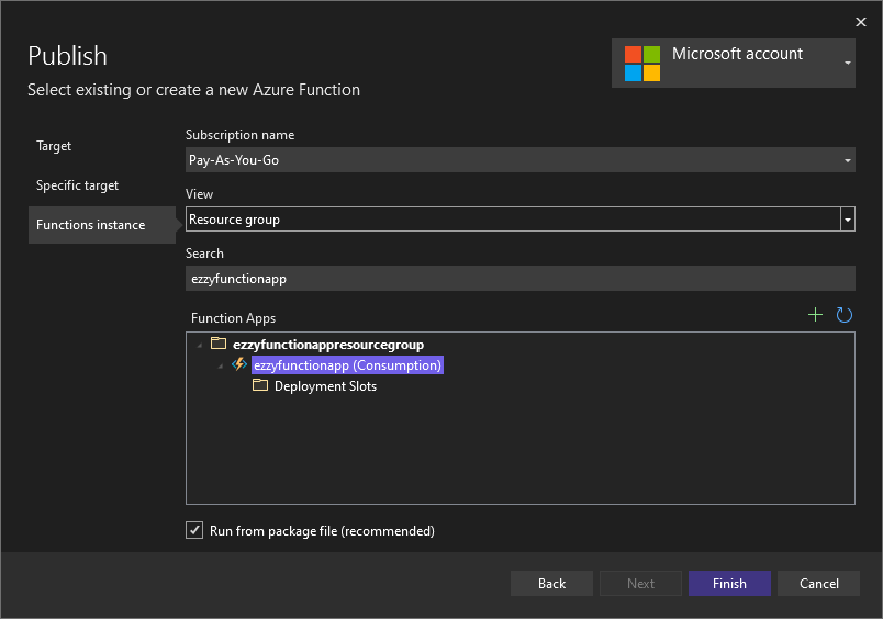 Select Azure Functions App for Publishing
