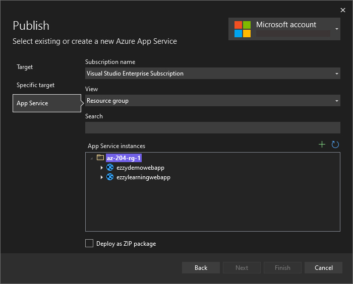 Select existing or create new Azure App Service during Publishing