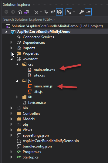 Solution Explorer showing Minified JS and CSS files