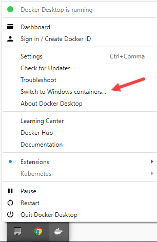 Switch to Windows Containers using Docker icon in Taskbar