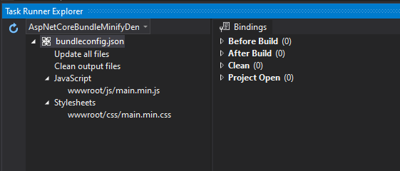 Task Runner Explorer shows bundleconfig JSON file in Visual Studio 2019