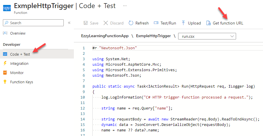 Testing HTTP Trigger based Azure Function in Azure Portal