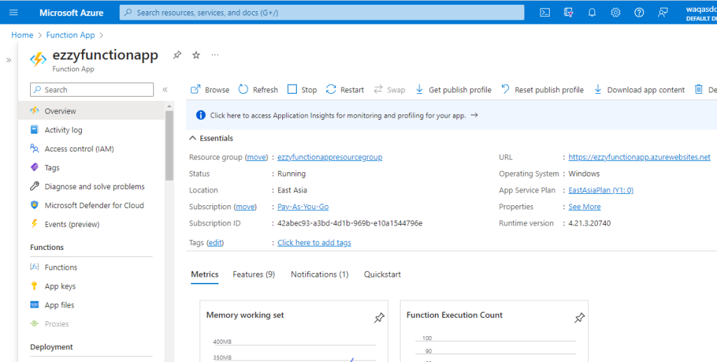 View Published Azure Functions App in Azure Portal
