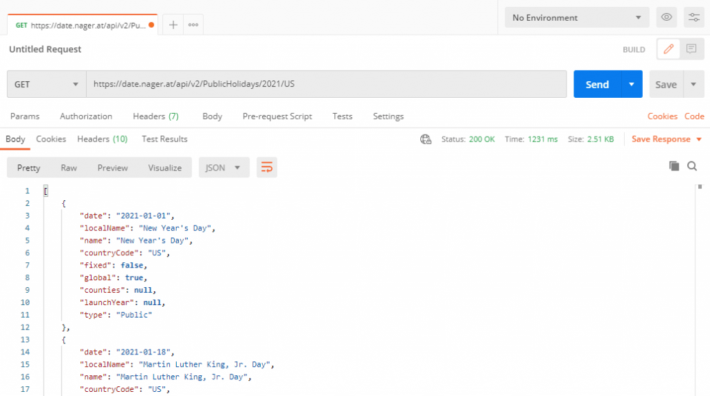 World Wide Public Holidays API in Postman