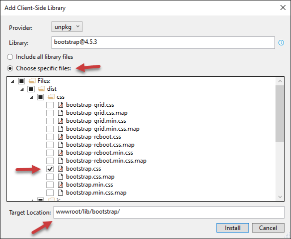 choose and download specific client library files using LibMan