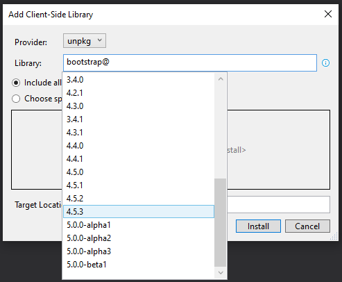 choosing different versions of client side libraries in LibMan