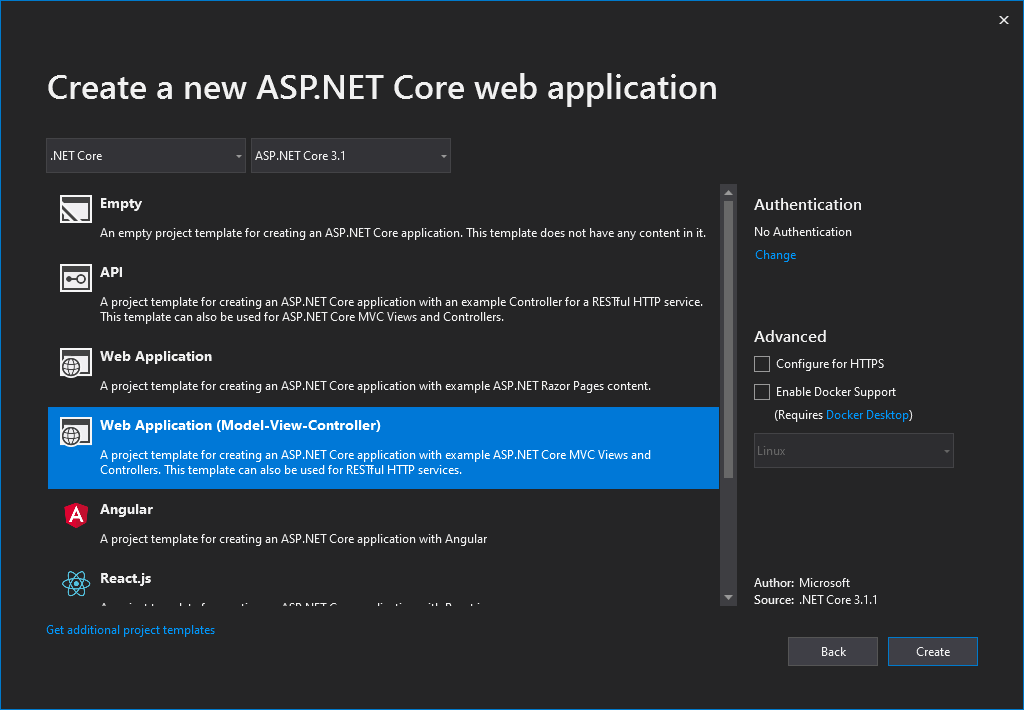 Create an ASP.NET Core MVC Web Application using Visual Studio 2019