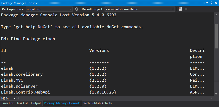 searching nuget package using package manager console