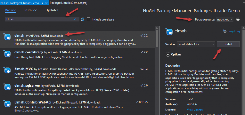 searching and installing nuget package using visual studio