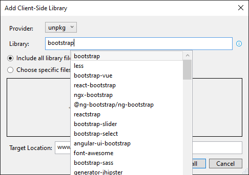 searching client side libraries using LibMan